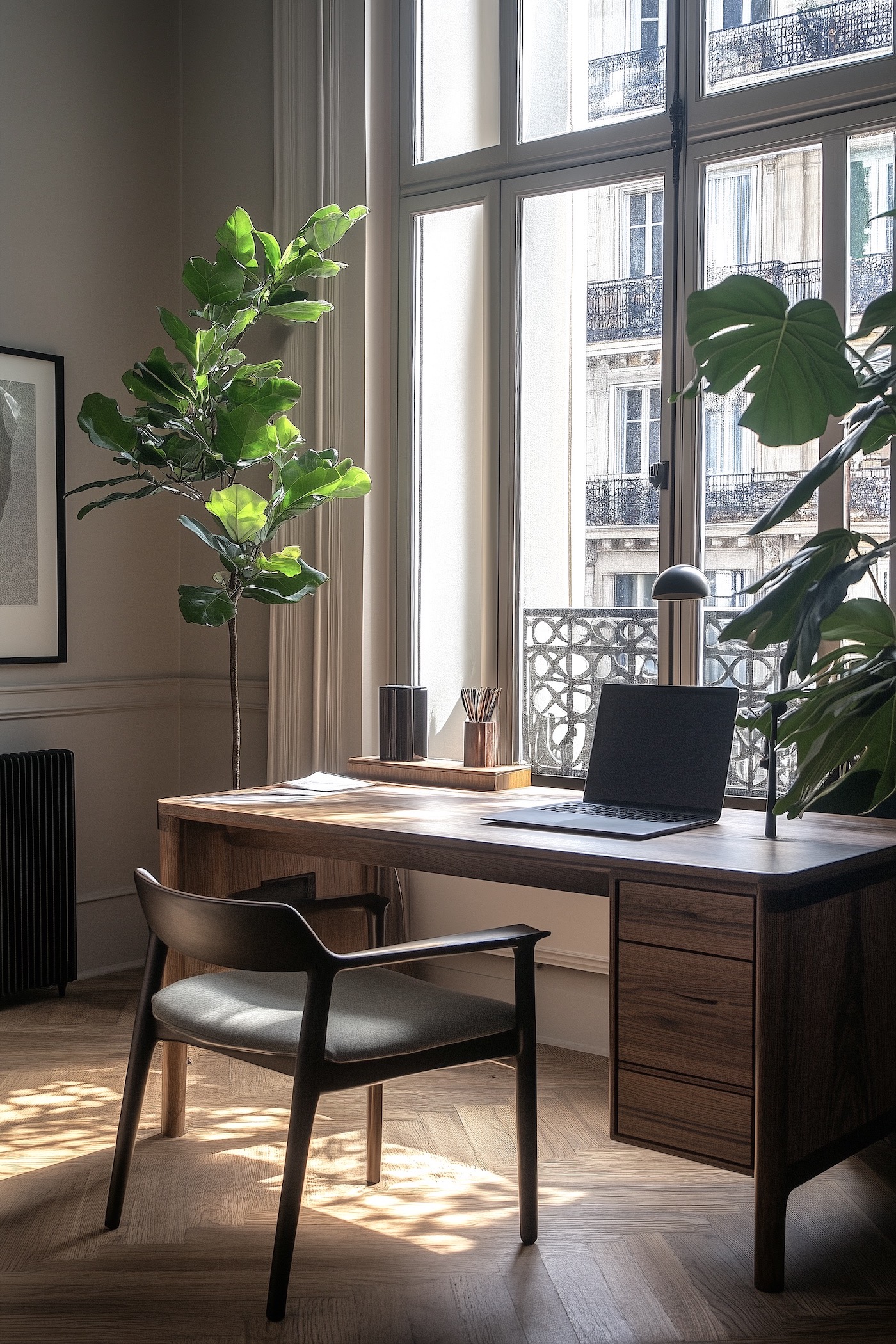 coin bureau déco homme appartement parisien bois foncé acajou