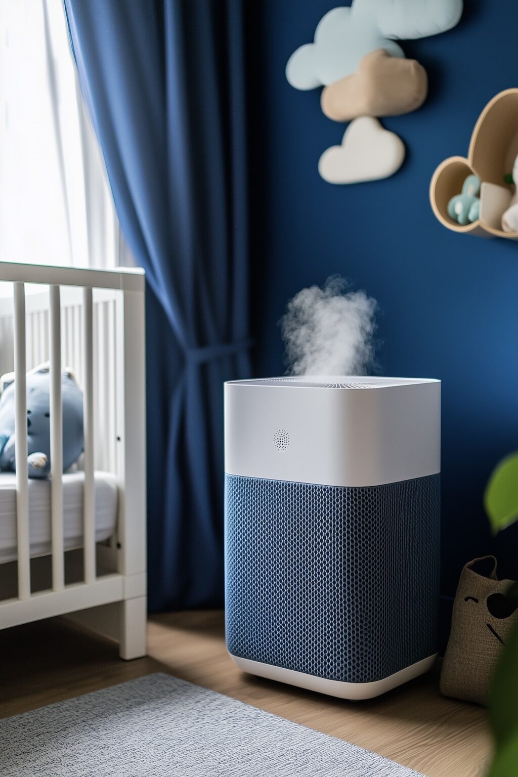 décoration bébé nurserie blanche bleu marine mur peinture