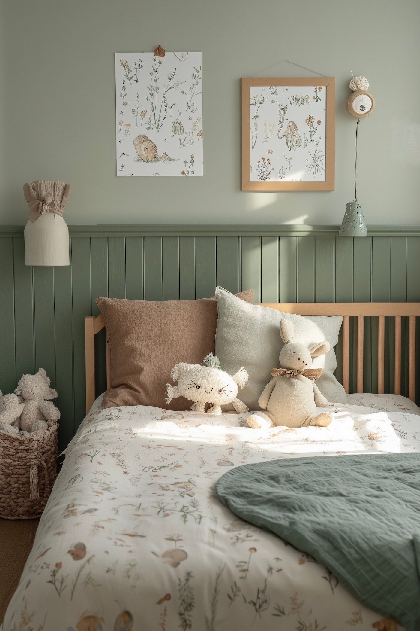 idée couleur champêtre chambre enfant vert rose soubassement