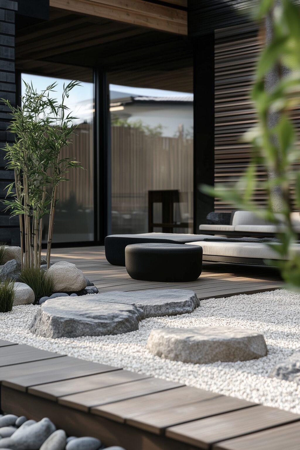 idée aménagement mini jardin décoration pierres bambou