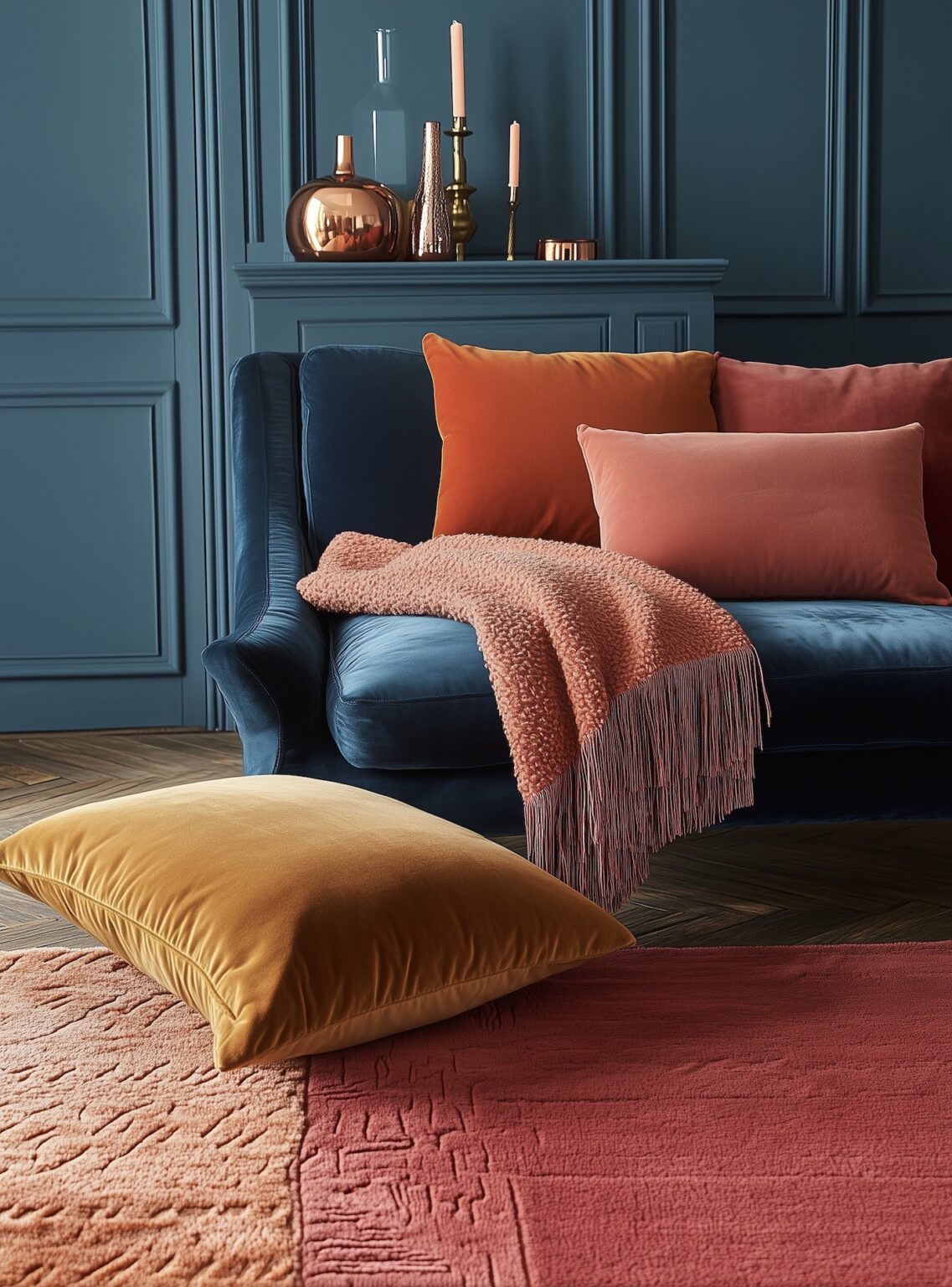 matière tendance 2025 velours coloré canapé bleu