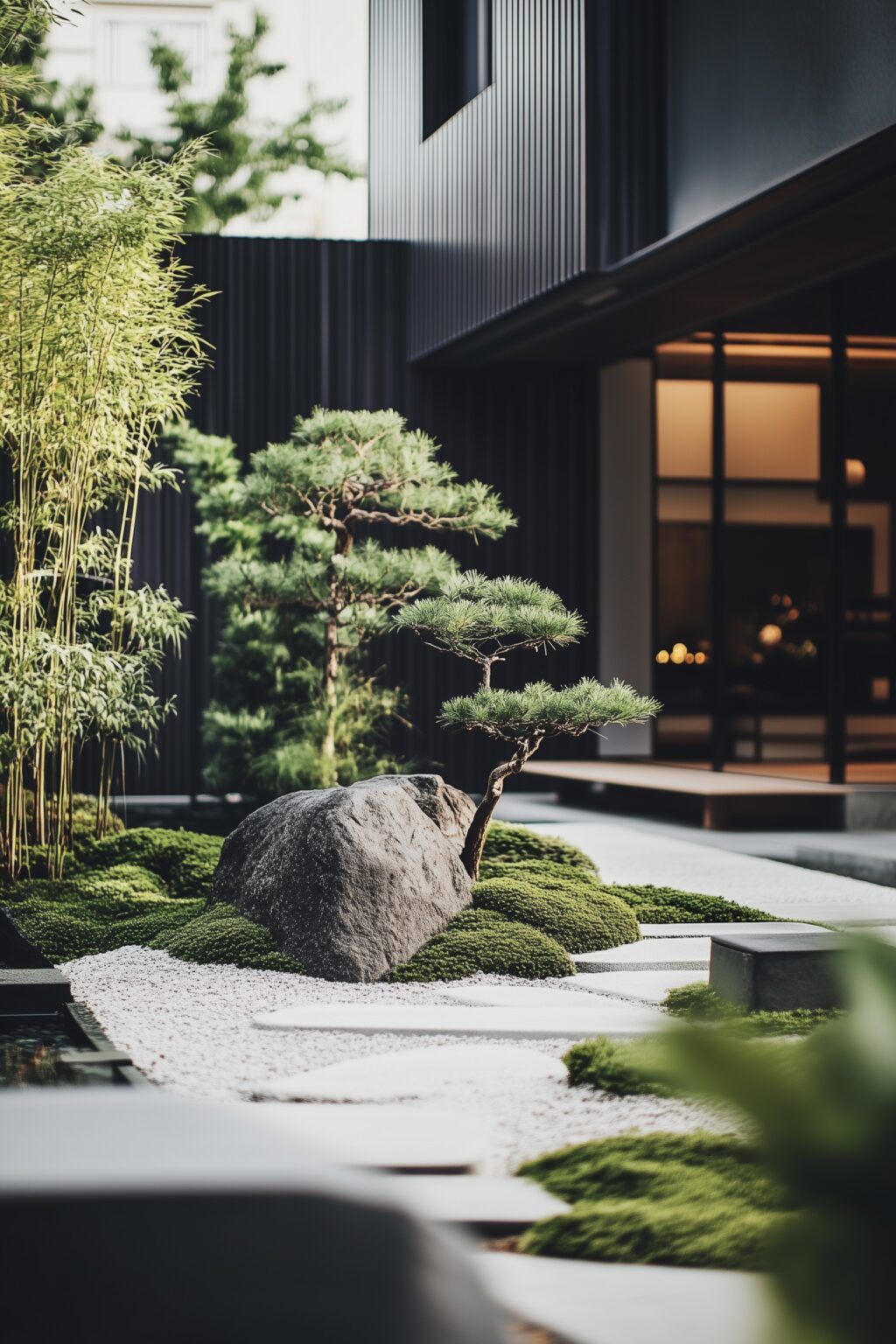 pas japonais petite terrasse zen rochers plantes vertes