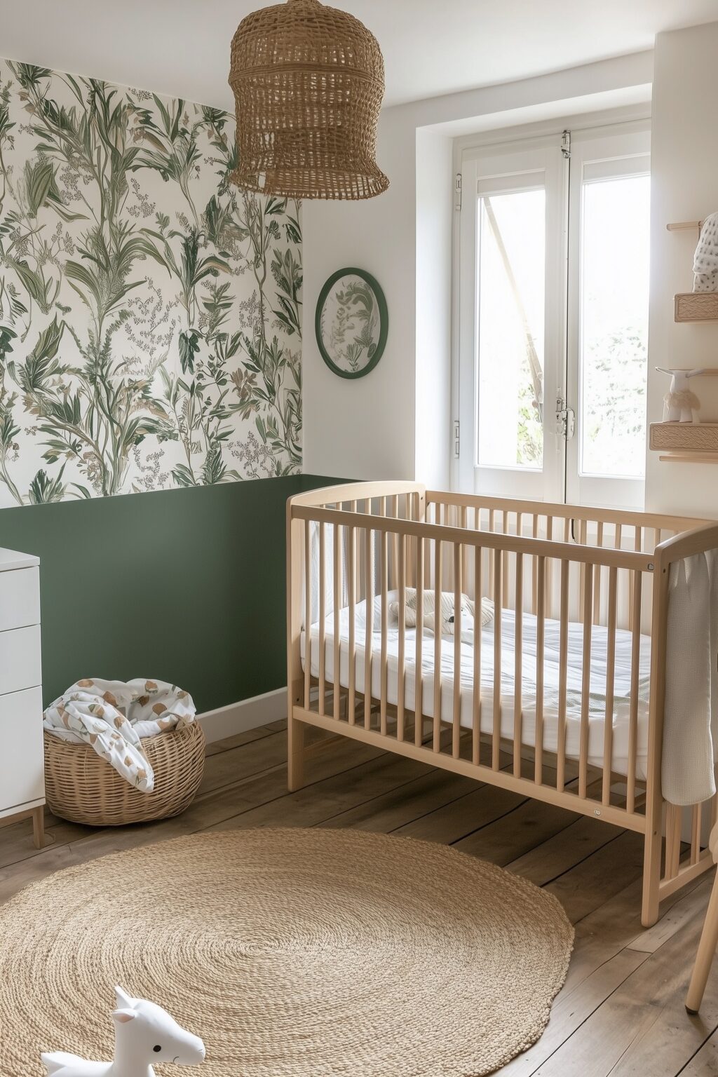 chambre bébé vert kaki papier peint tropical soubassement
