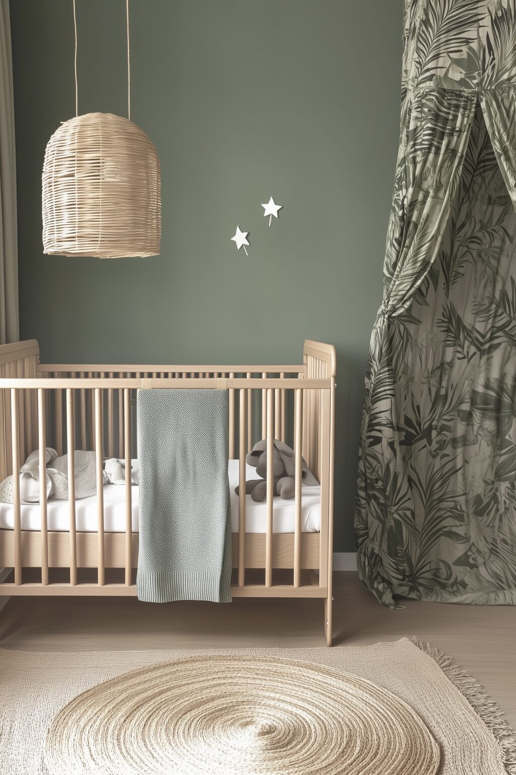 chambre bébé vert sauge mur tapis jungle