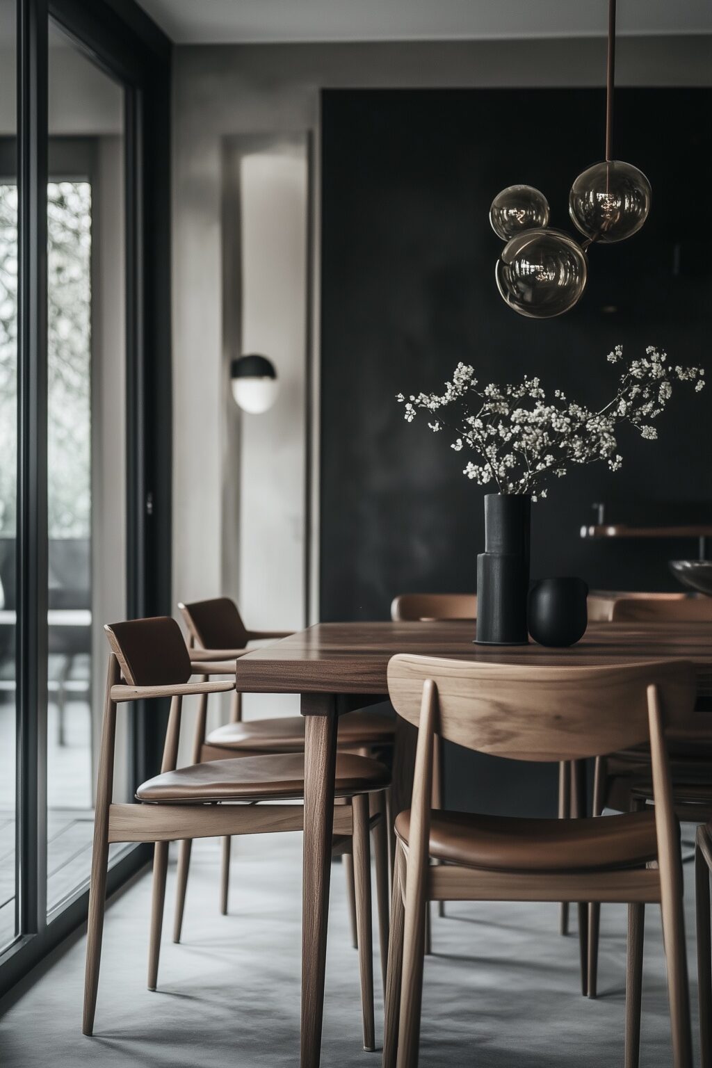 salle à manger mur noir mobilier acajou