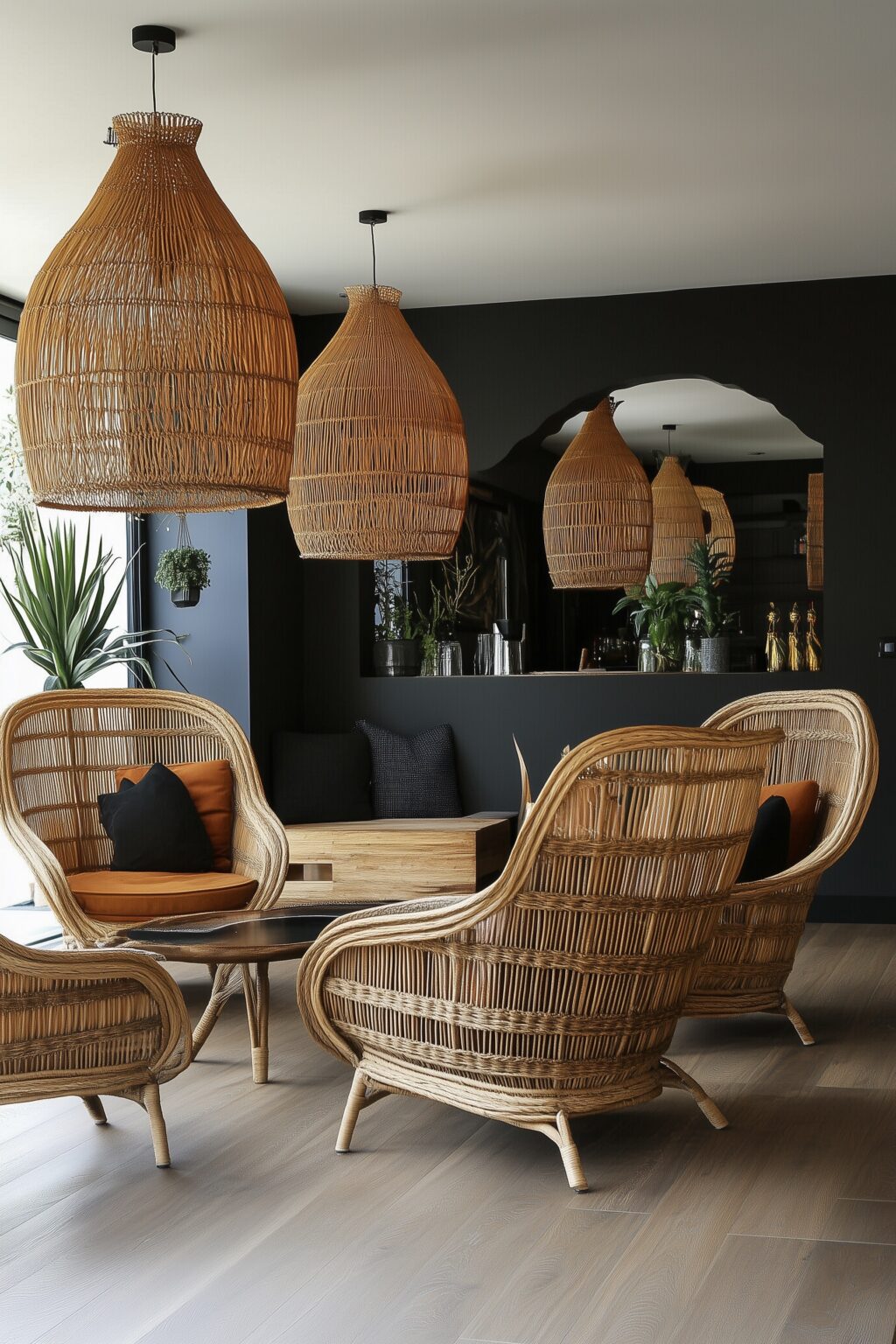 salon mur noir mobilier fauteuil oeuf bambou