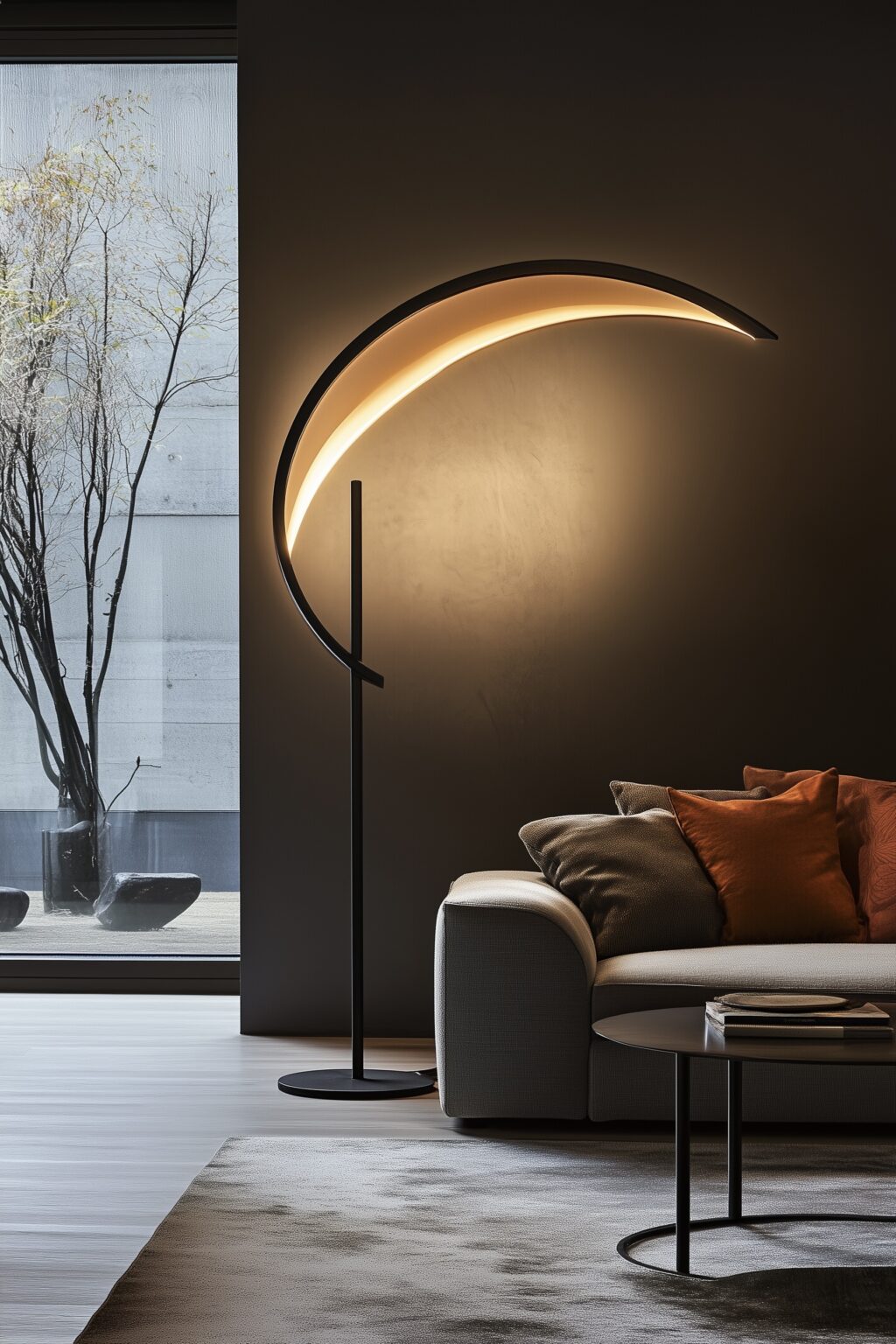 éclairage salon lampadaire demi-lune design