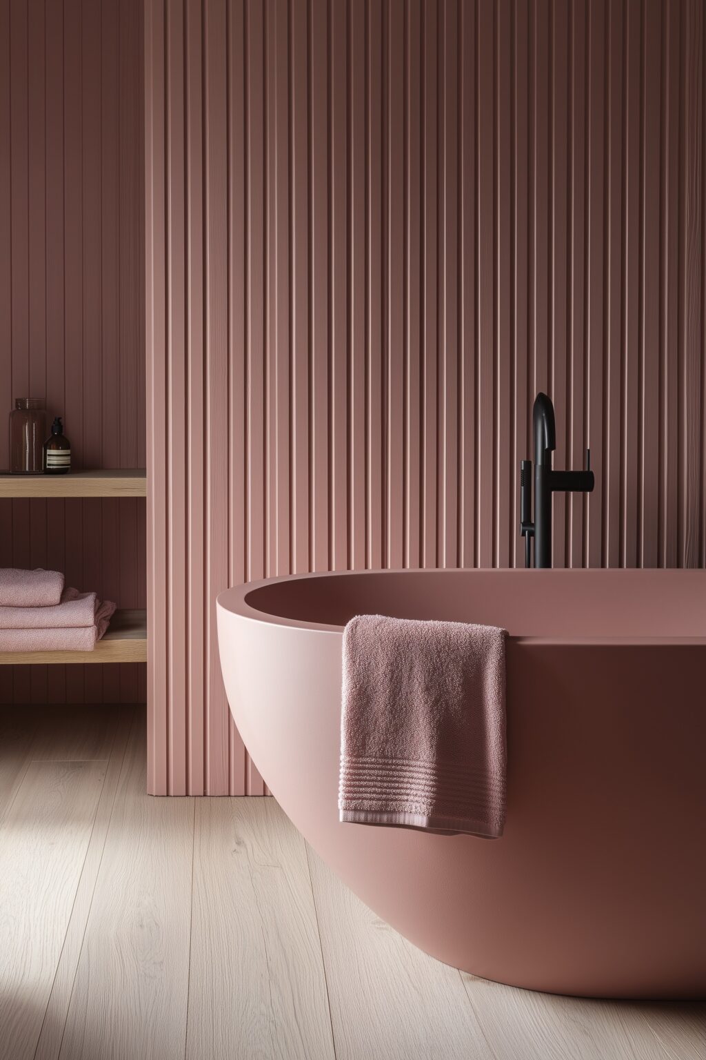 inspiration déco salle de bains rose parquet chêne