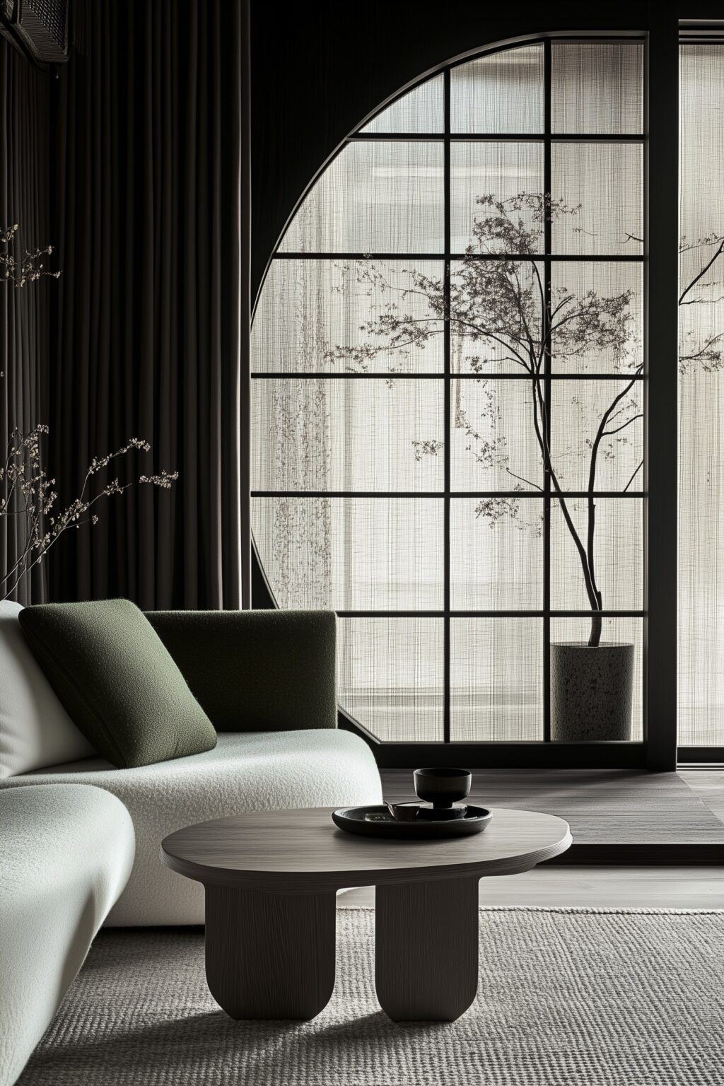 intérieur japandi zen salon décoration noir blanc
