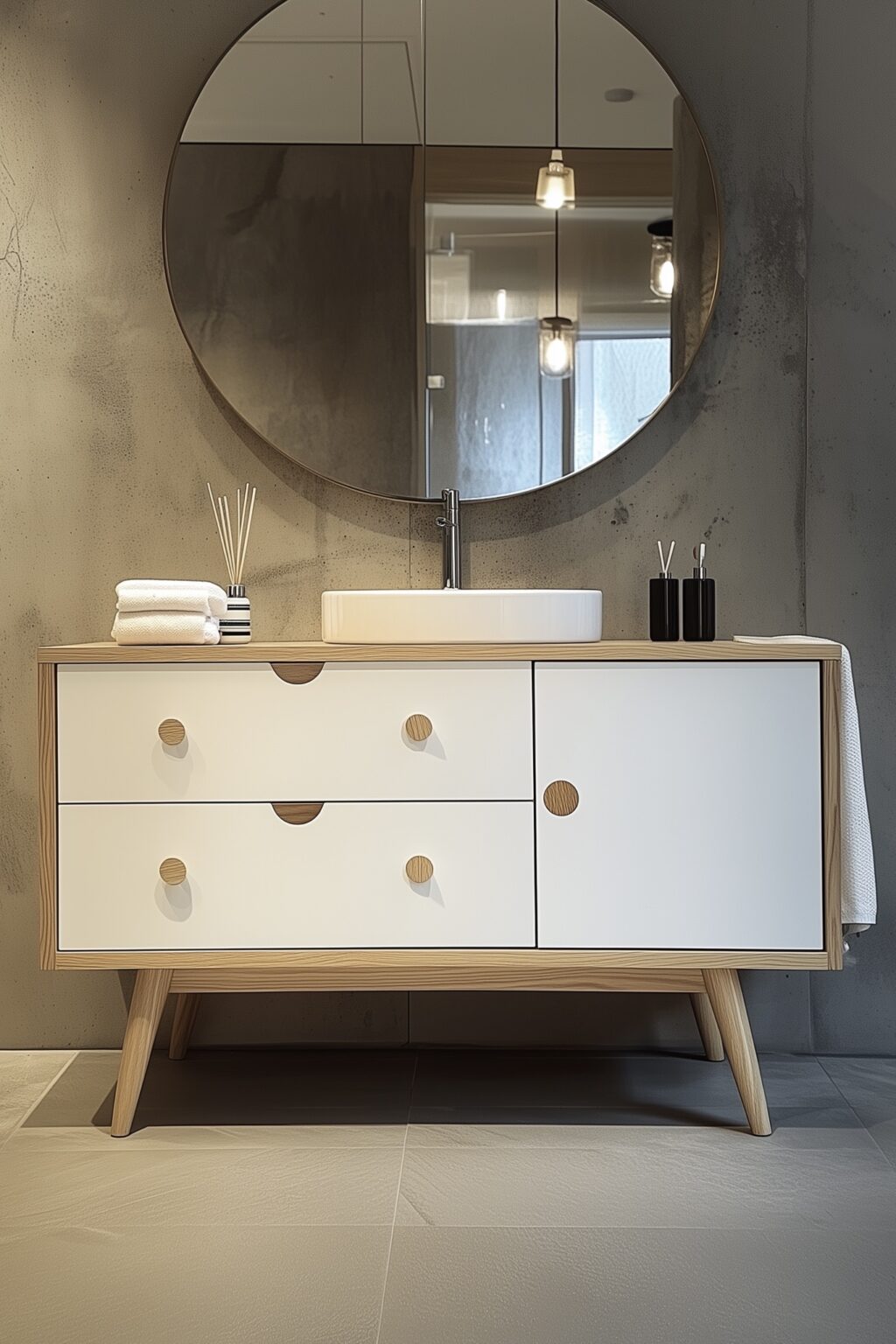 meuble salle de bain bois blanc mur béton