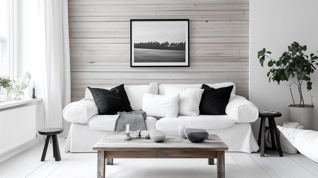 salon noir blanc décoration bois danoise