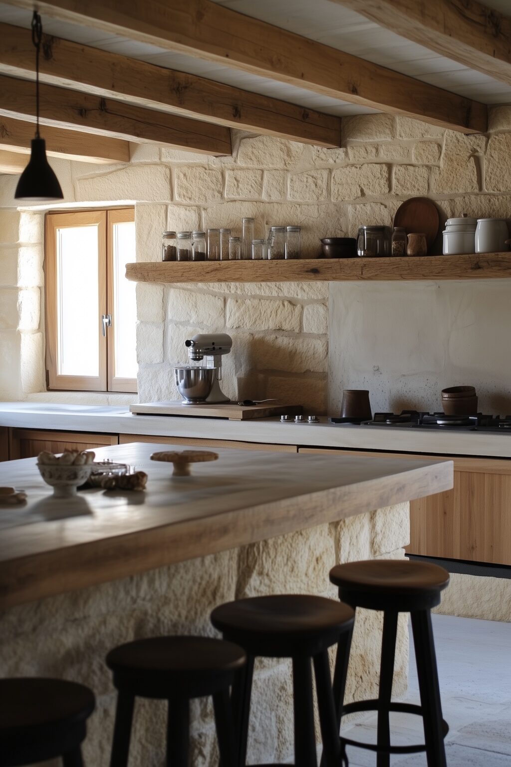 agencement cuisine L pierre apparante poutre bois - blog décoration