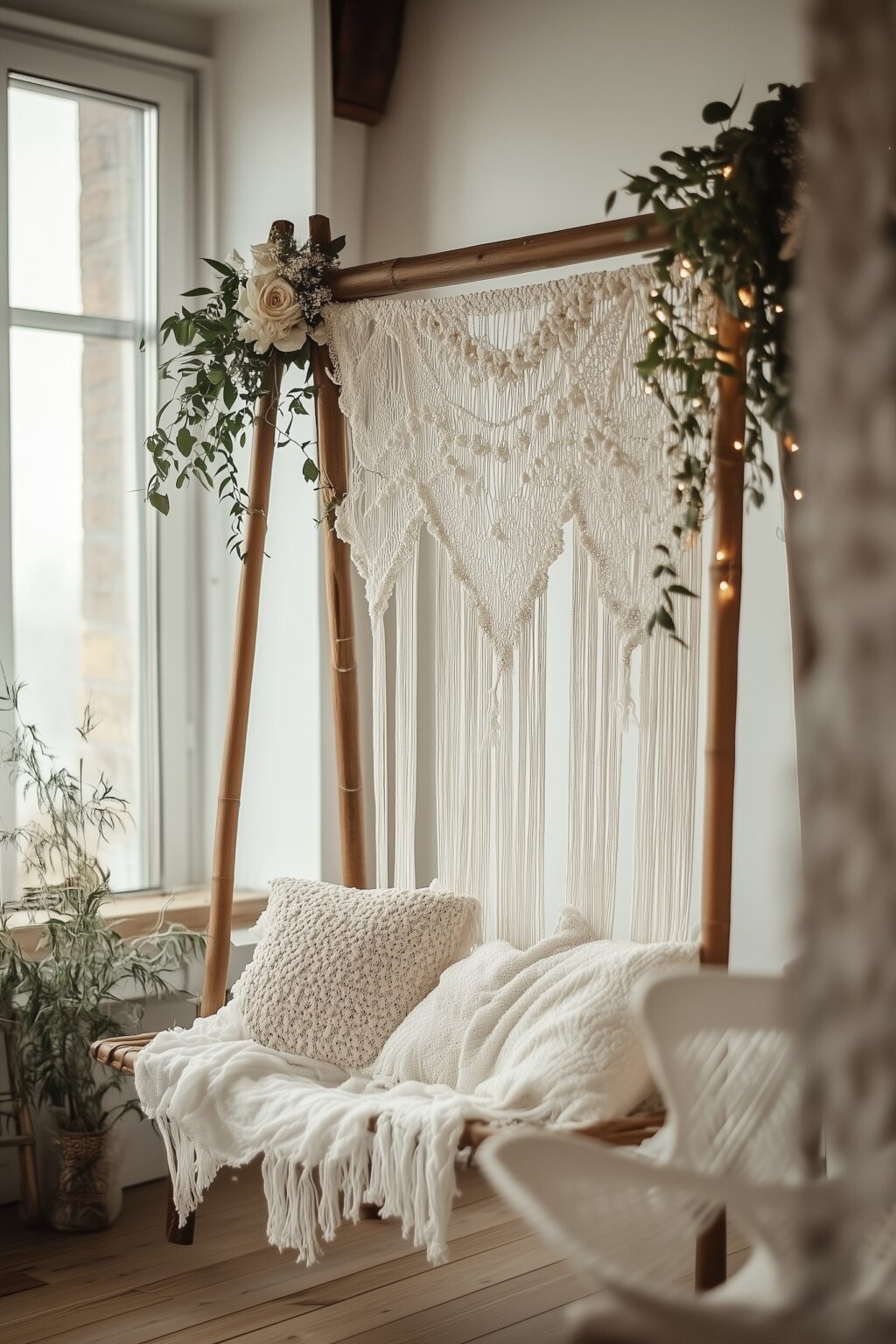 balançoire romantique DIY fleurs photos couple fiançailles engagement