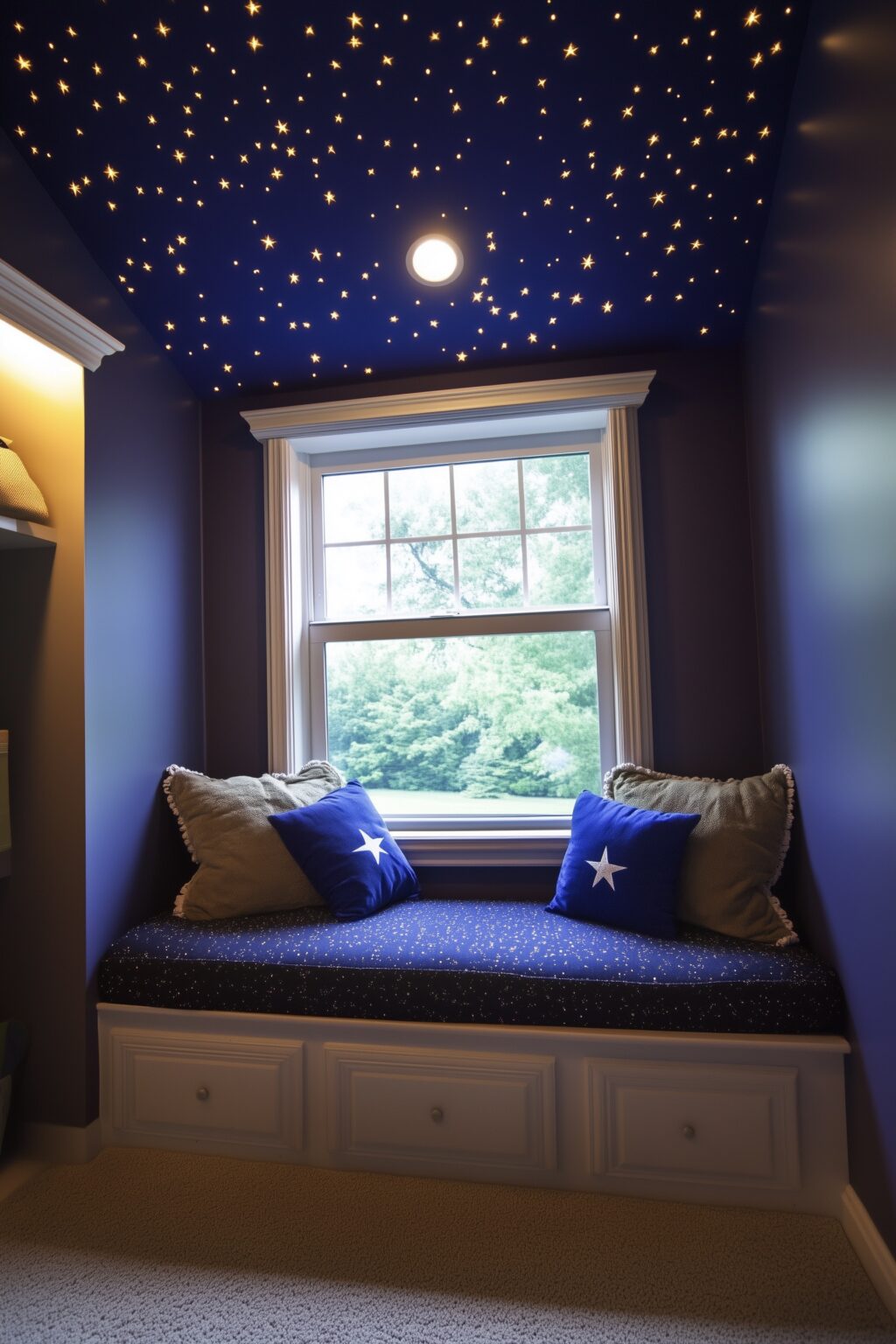 banquette enfant sous fenêtre chambre bleue nuit