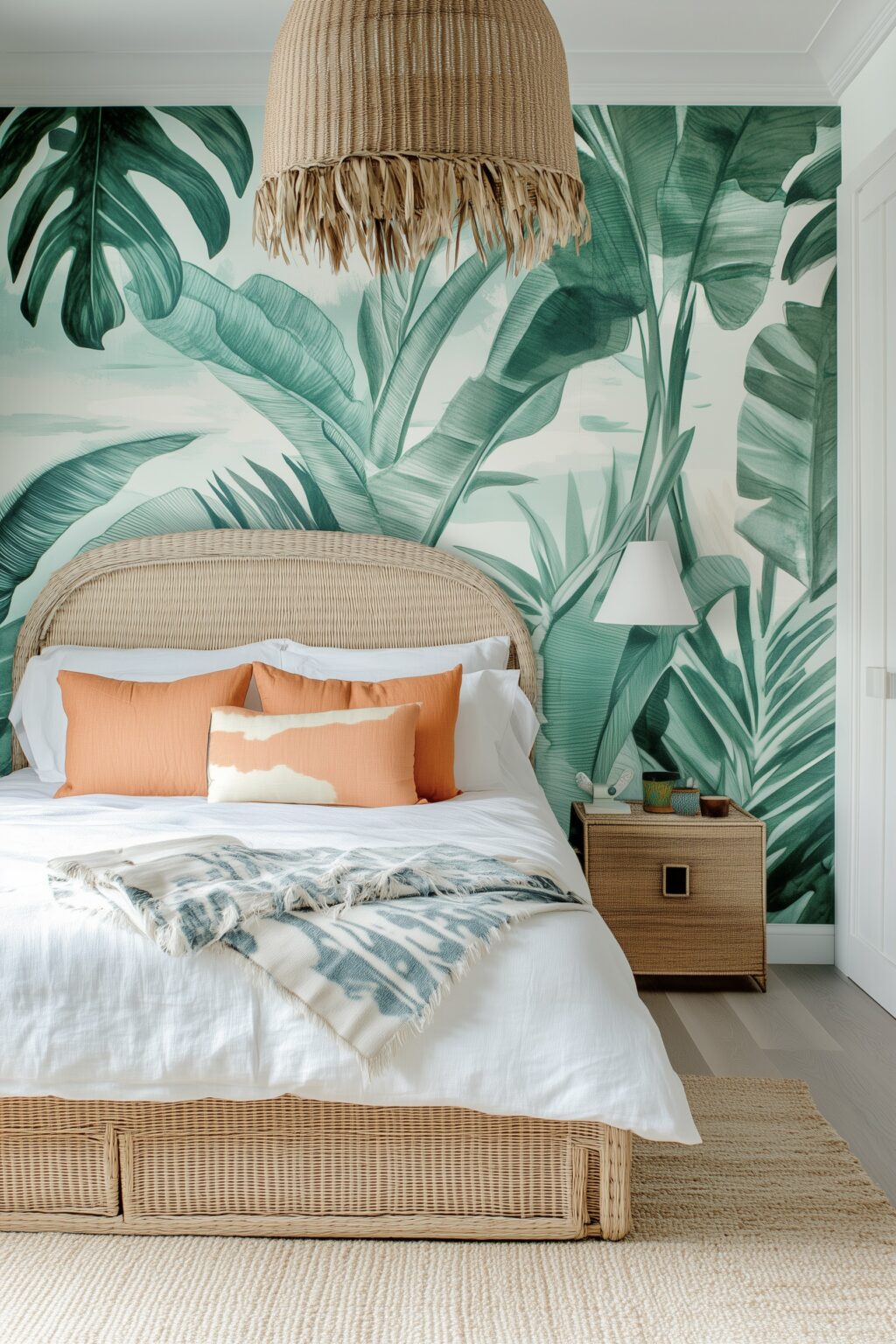 chambre voyage lit rotin déco orange vert