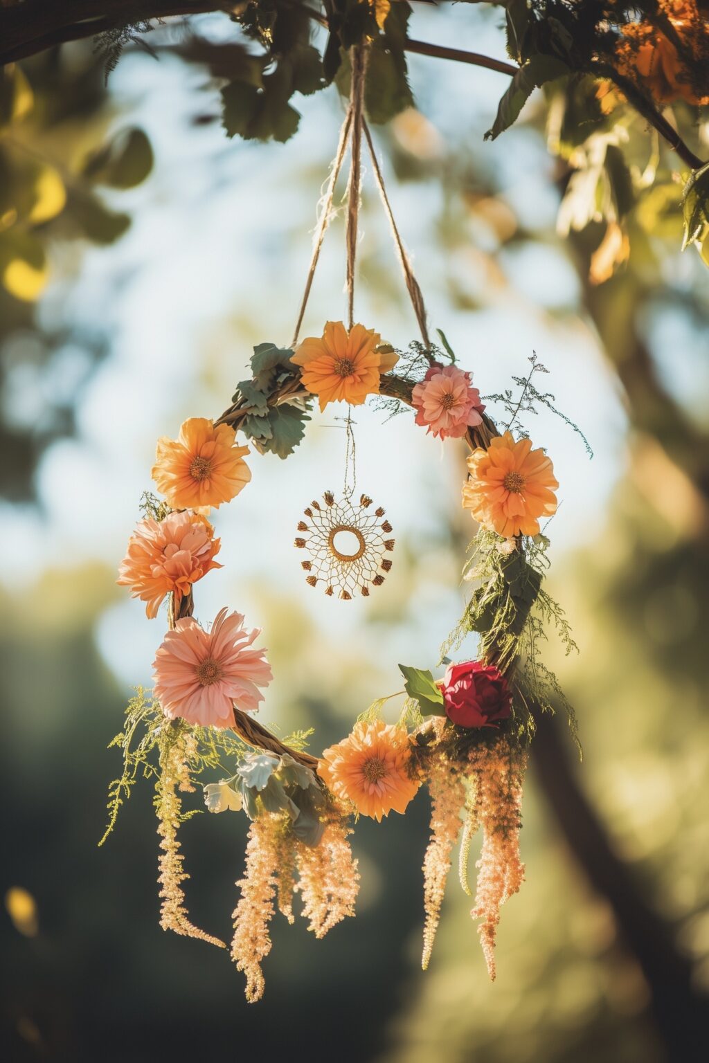 couronne de fleurs suspendues déco mariage boho