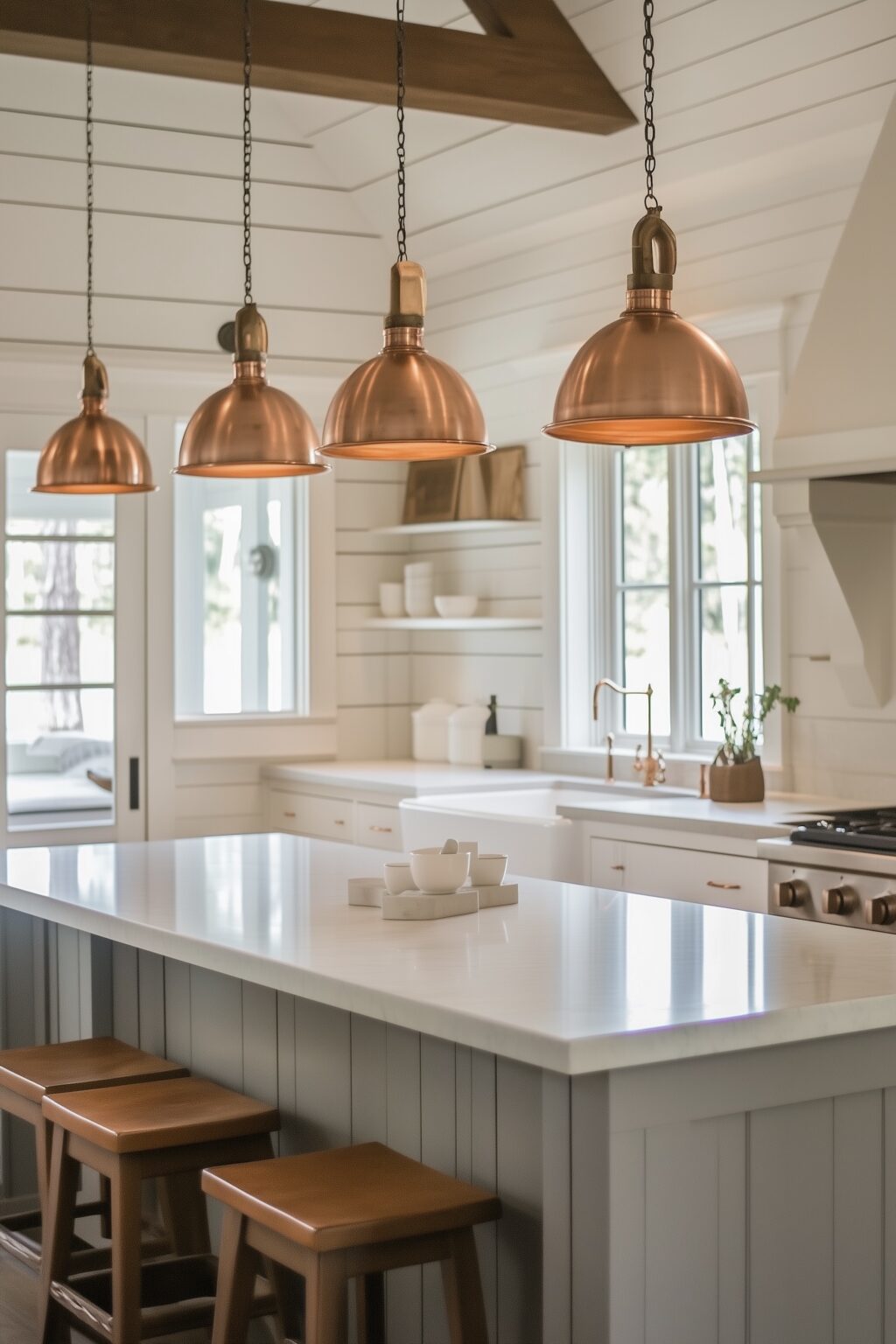 cuisine blanche cottage lampe cuivre déco