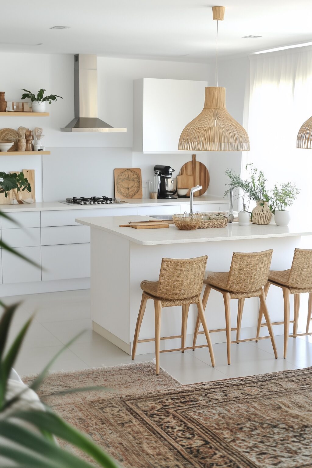 décoration bohème cuisine blanche bois rotin