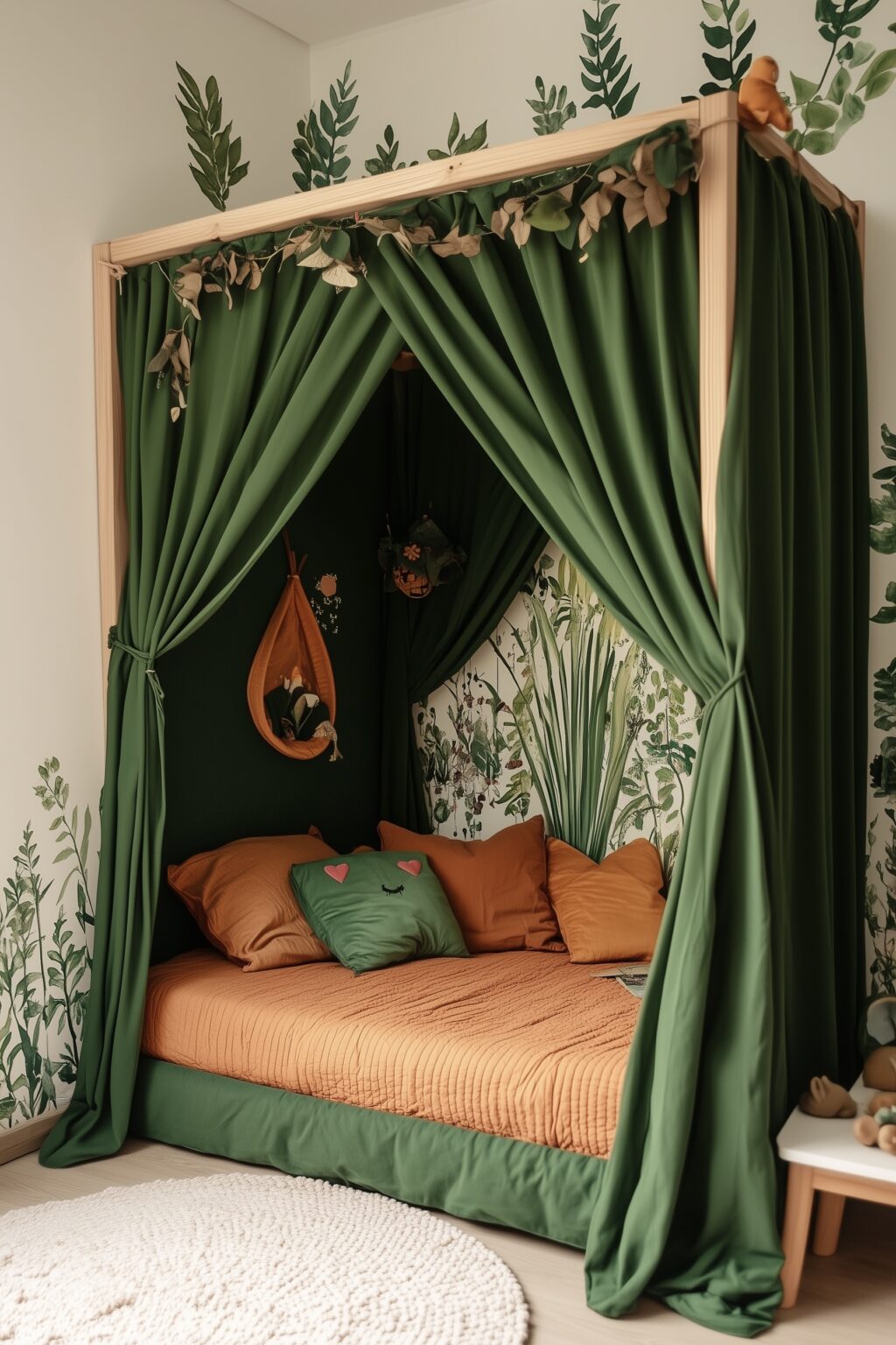 lit cabane diy chambre enfant orange vert forêt