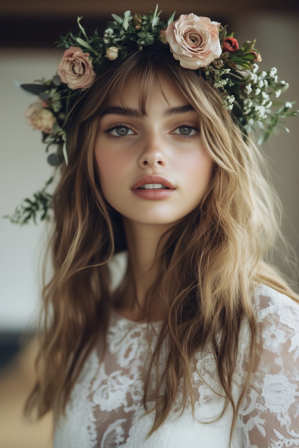 mariée couronne de fleurs gipsy chic rose