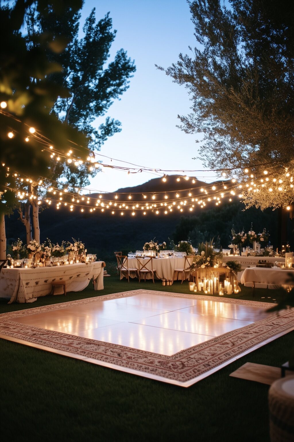 piste de dance extérieure tapis bois guirlande lumineuse