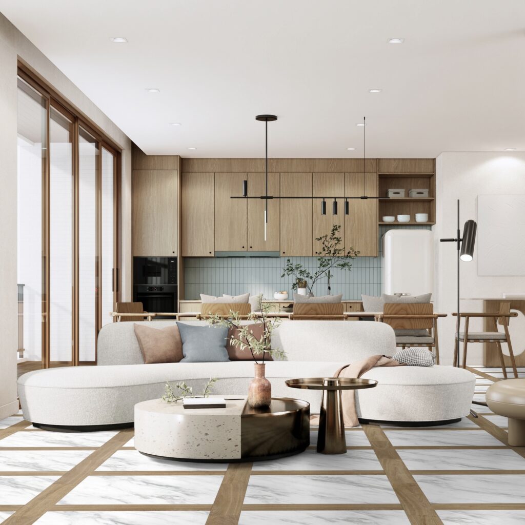 salon cuisine décoration bois marbre chic