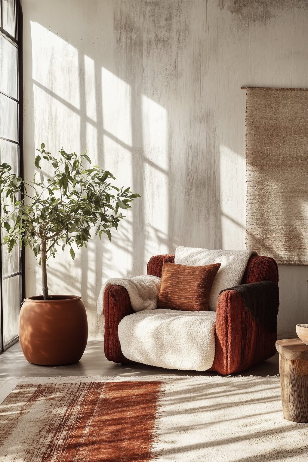 salon mur brut fauteuil club velours bordeaux