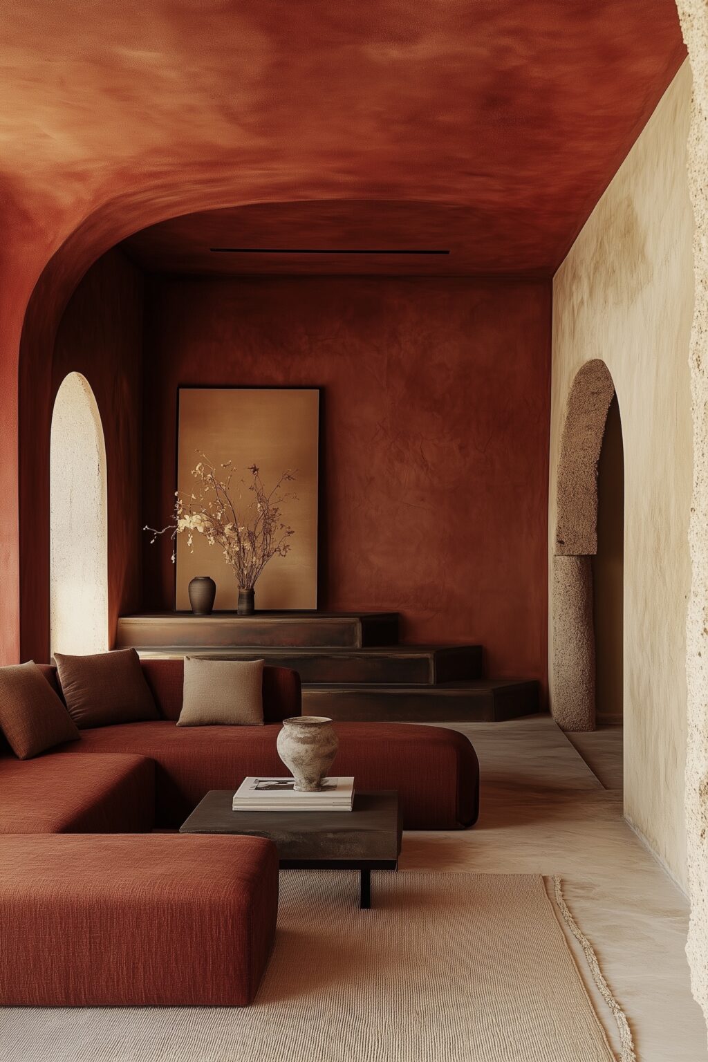 séjour mur plafond couleur rouge brique