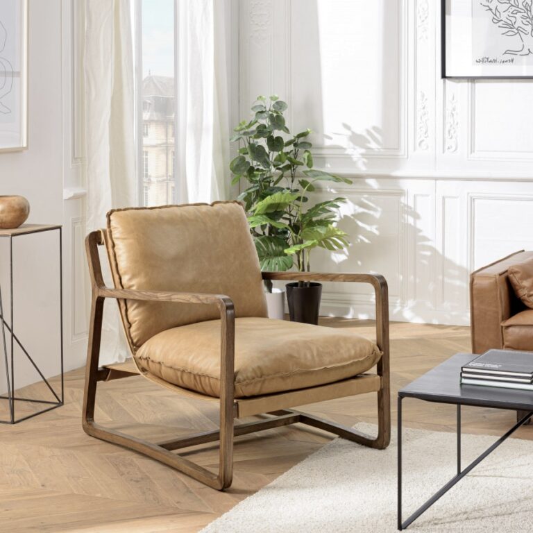 Fauteuil bois massif cuir bascule incliné lounge