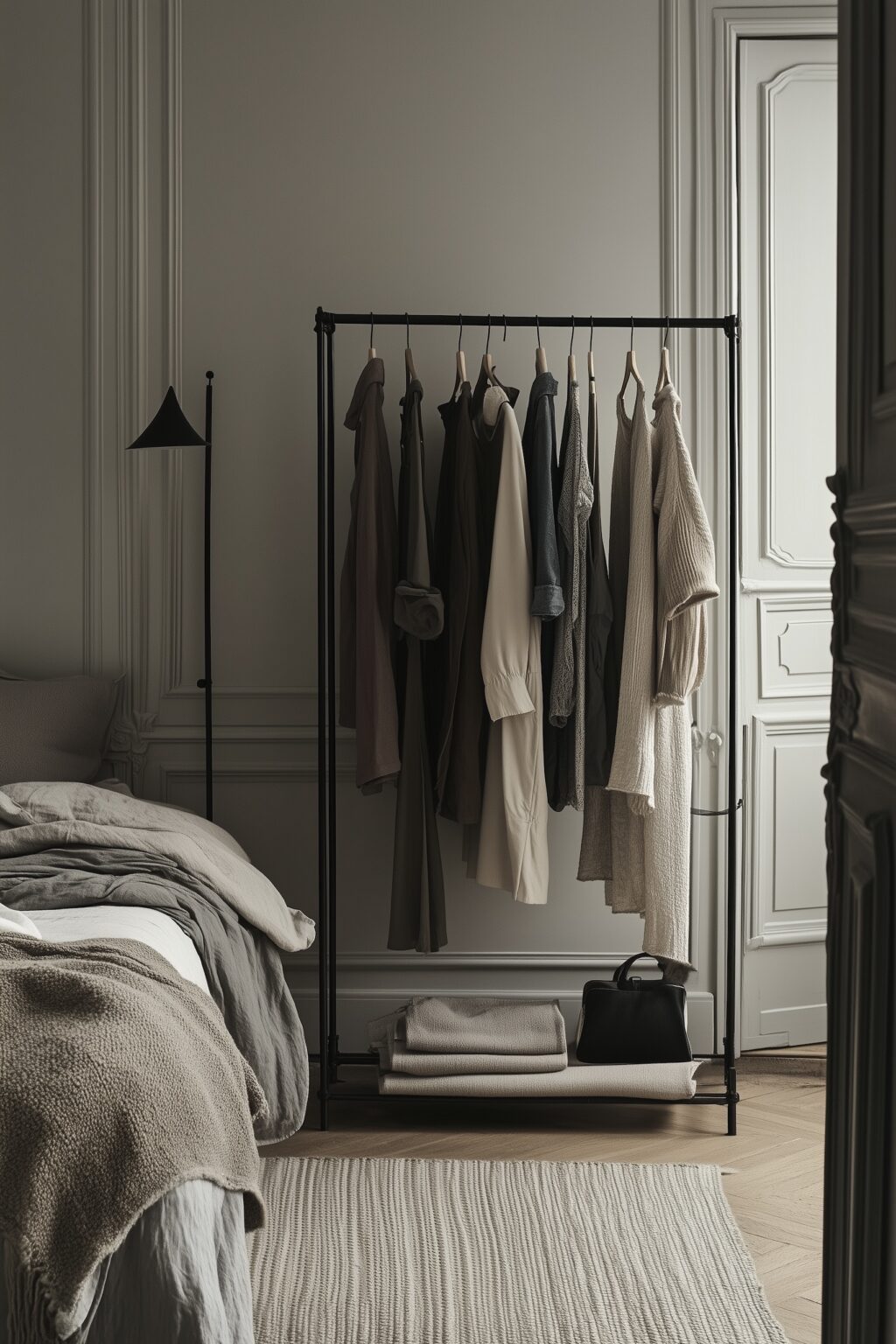 chambre appartement parisien moulures murs gris vert