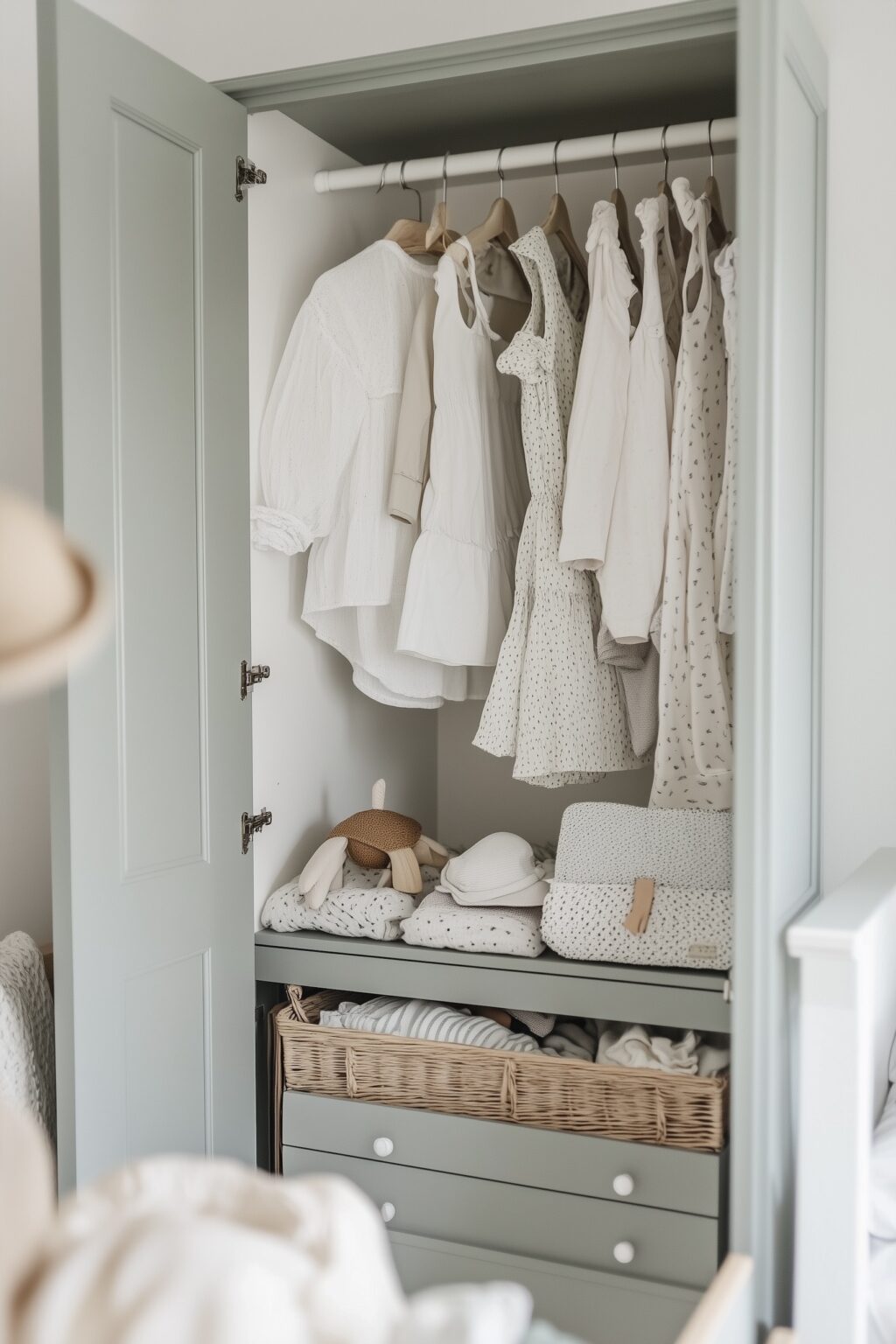 chambre bébé vert eau armoire parisienne rétro