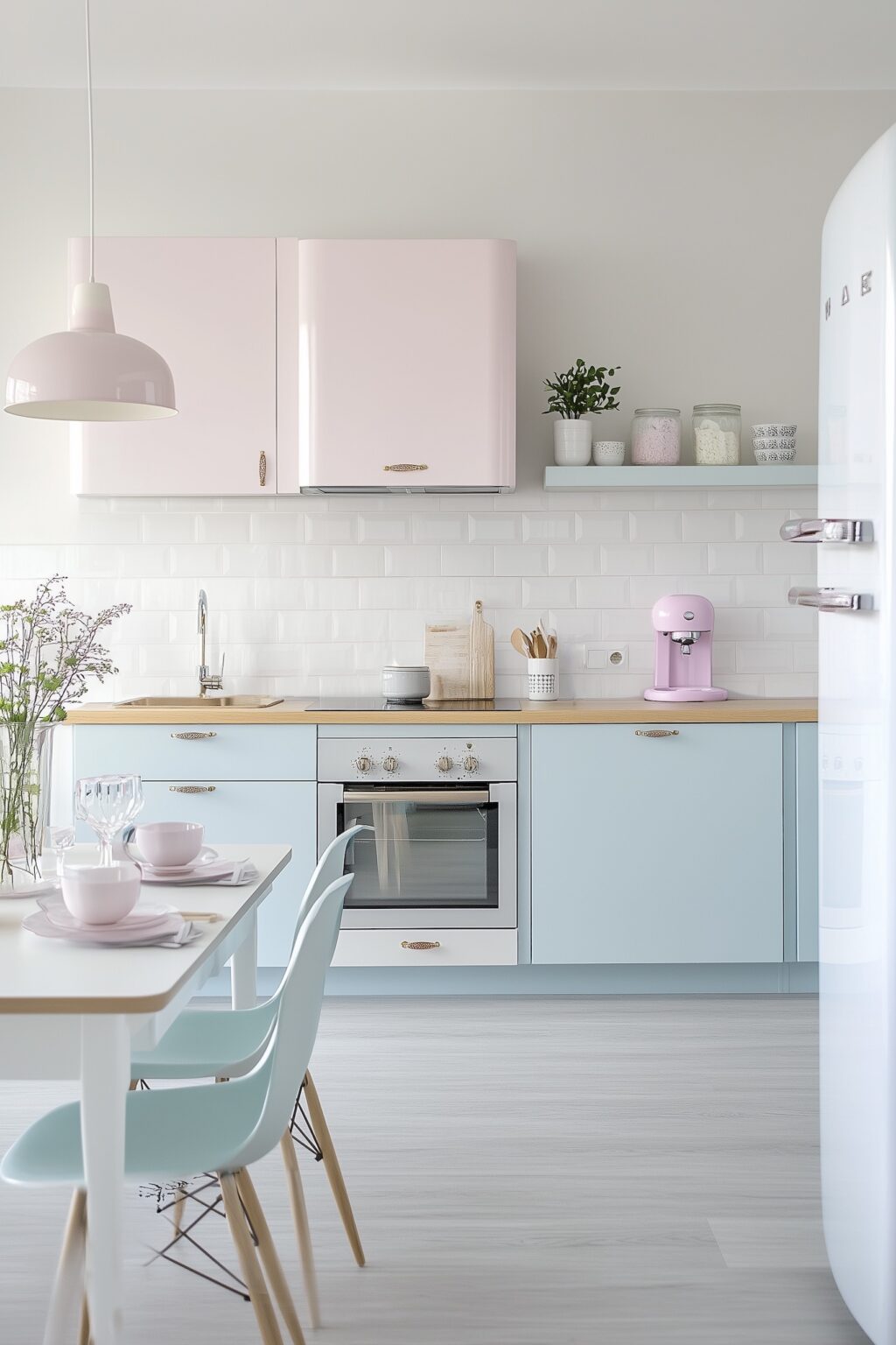 cuisine bleue rose pastel lumineuse rétro chic