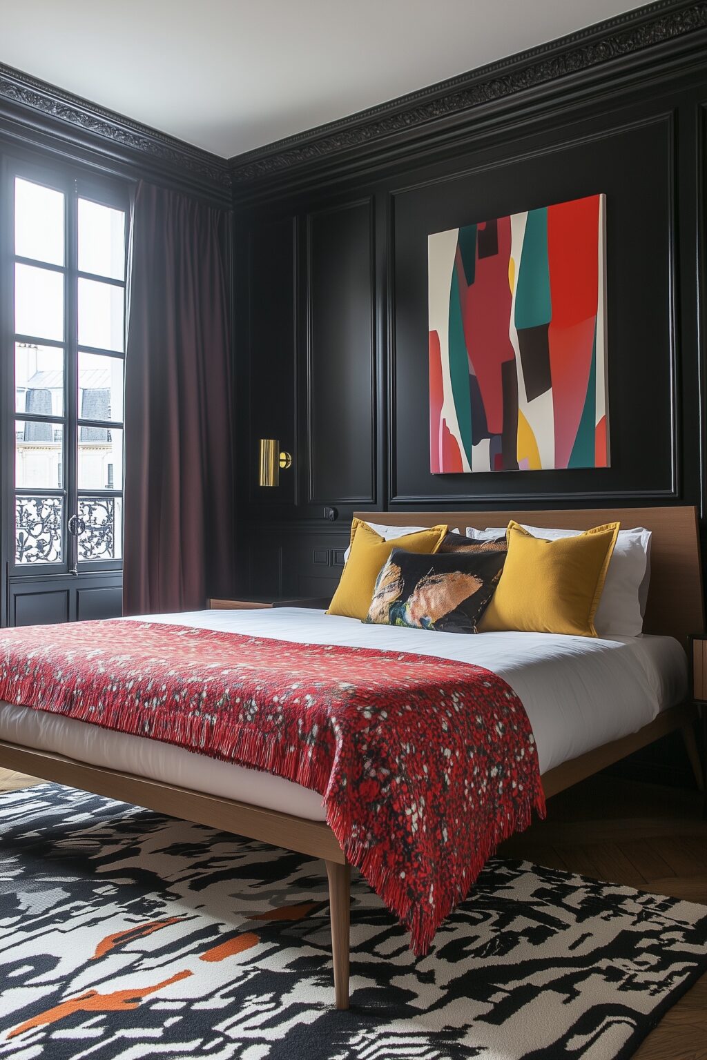 déco chambre parisienne mur noir plaid rouge tableau abstrait