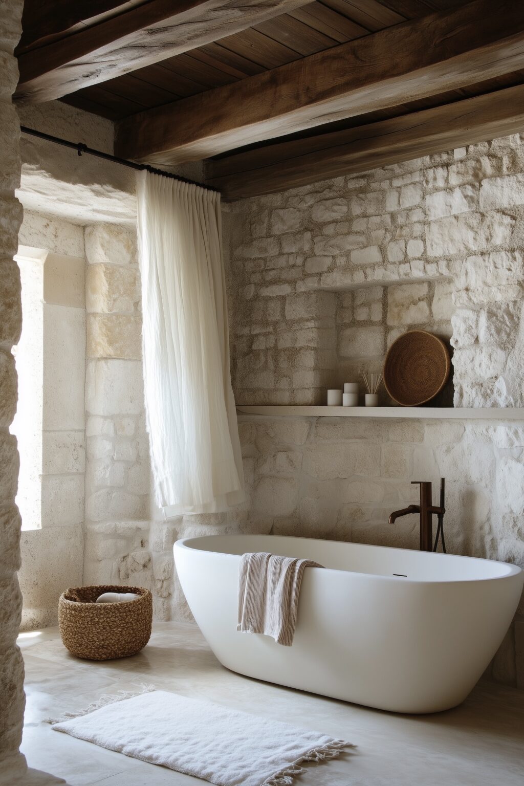 déco salle de bain naturelle baignoire ilot mur pierre