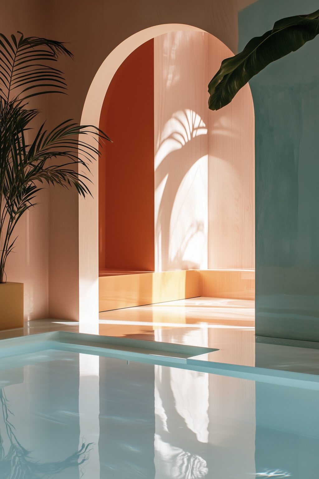 piscine intérieure design arches palmier couleurs pastel