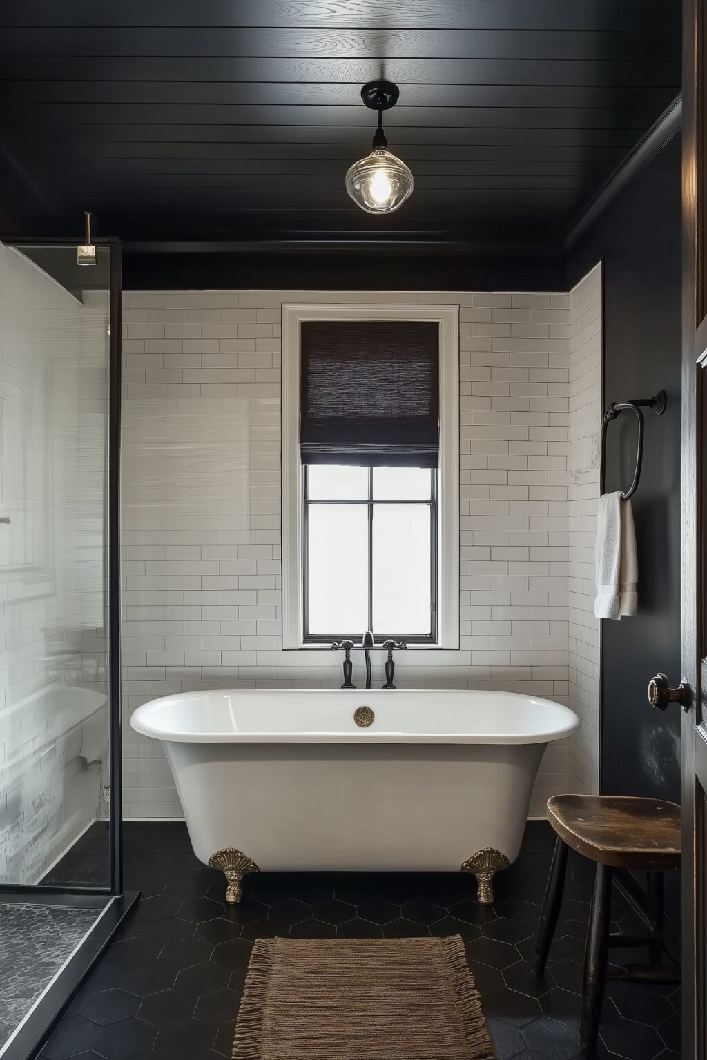 salle de bain rétro noire blanche carrelage hexagone