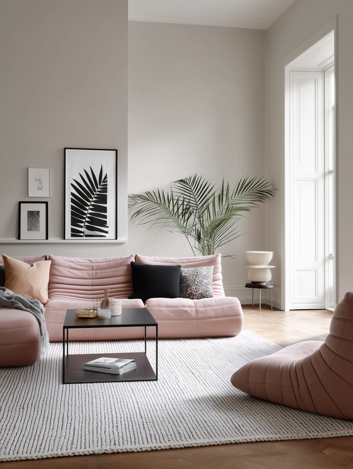 salon gris canapé gris modulable rose pastel Togo ligne roset