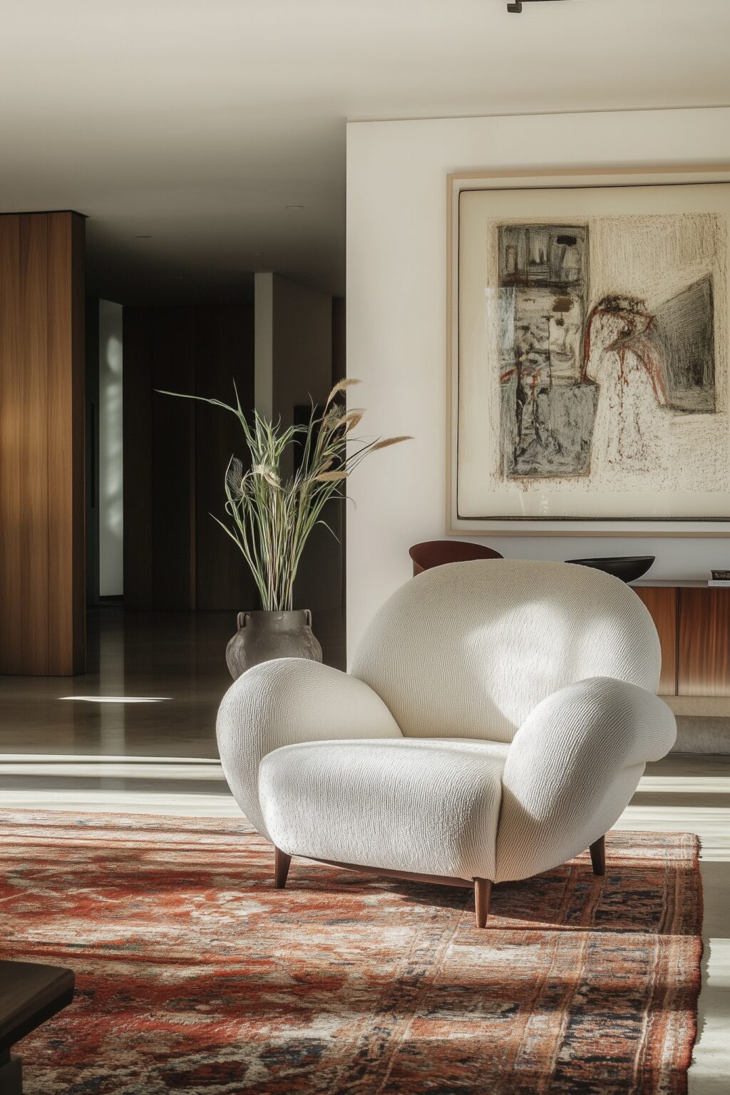 salon style parisien fauteuil bouclette tapis rouge