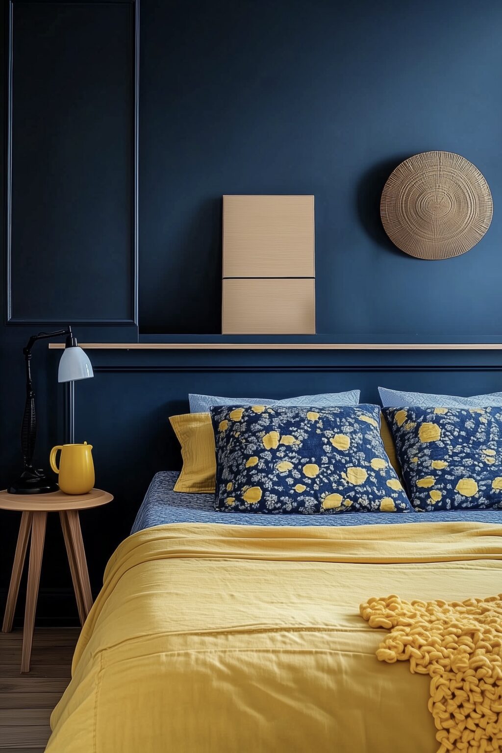 chambre bleue jaune mur de couleur draps en lin