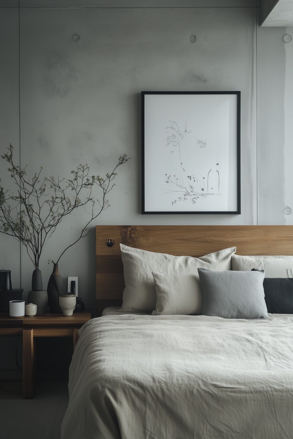 chambre mur béton lit épuré bois brut