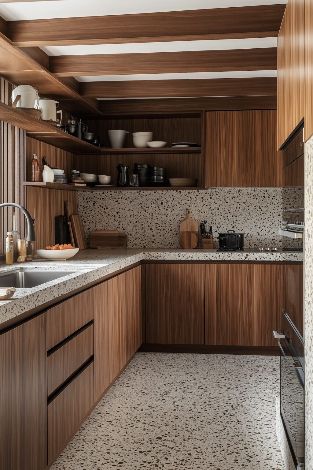 cuisine bois foncé terrazzo blanc