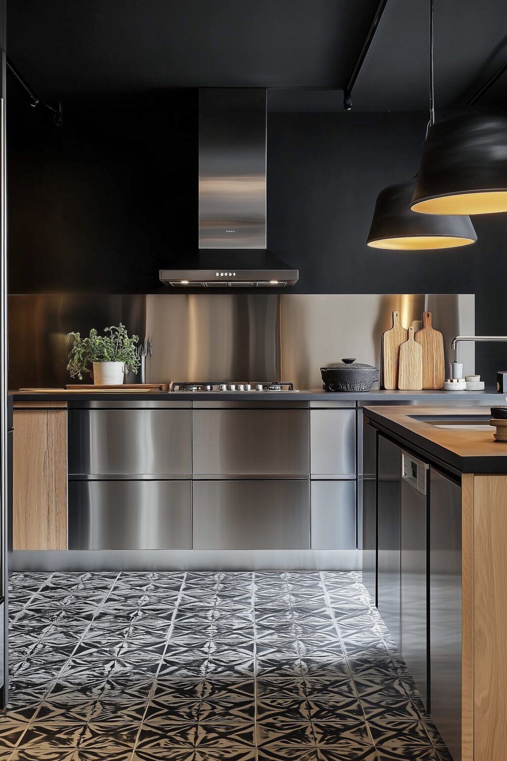 cuisine inox noire bois carreaux ciment