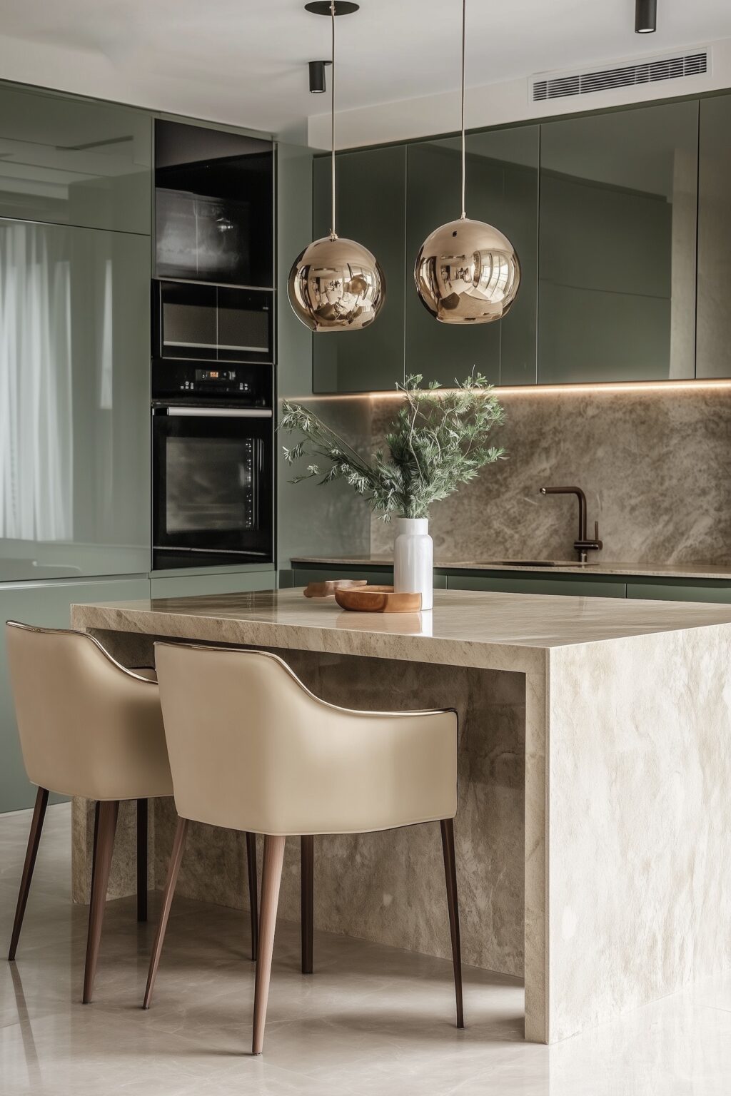 cuisine verte laiton cuivre marbre beige