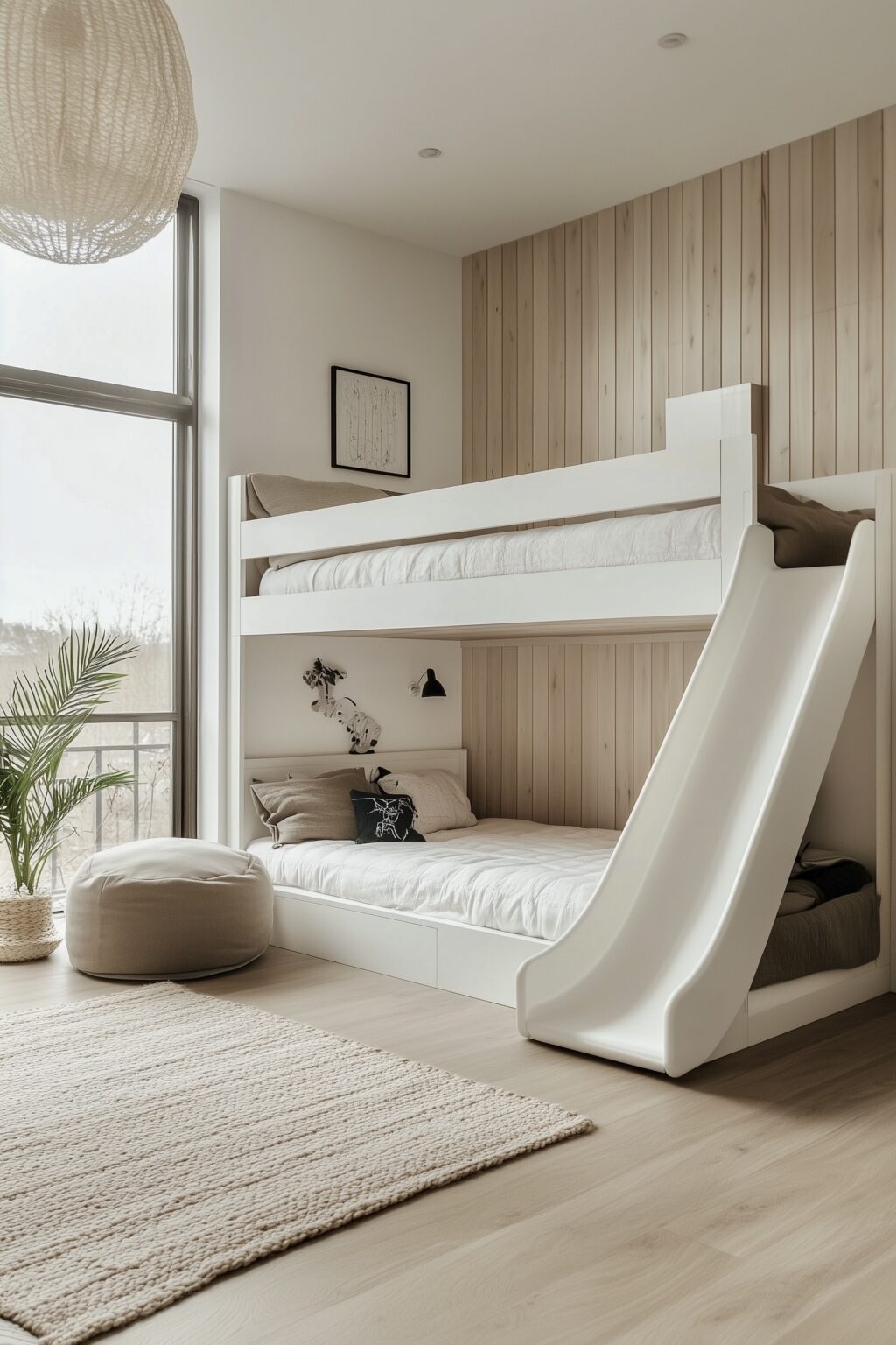 lit superposé toboggan chambre blanche bois