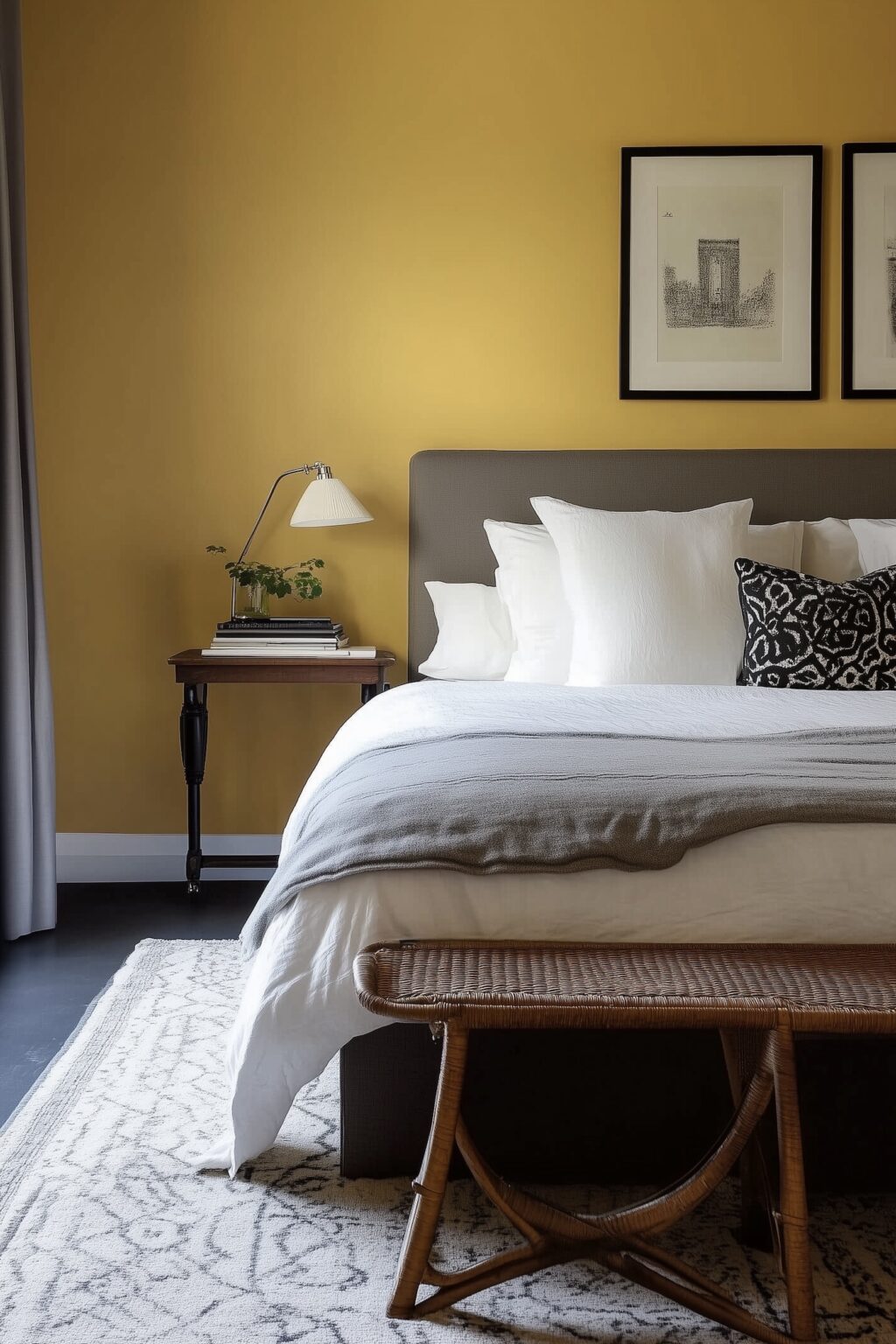 manoir français chambre mur jaune moutarde déco grise