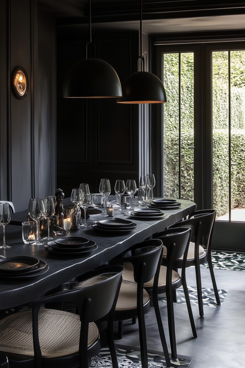 manoir français rénové salon mur noir verrière