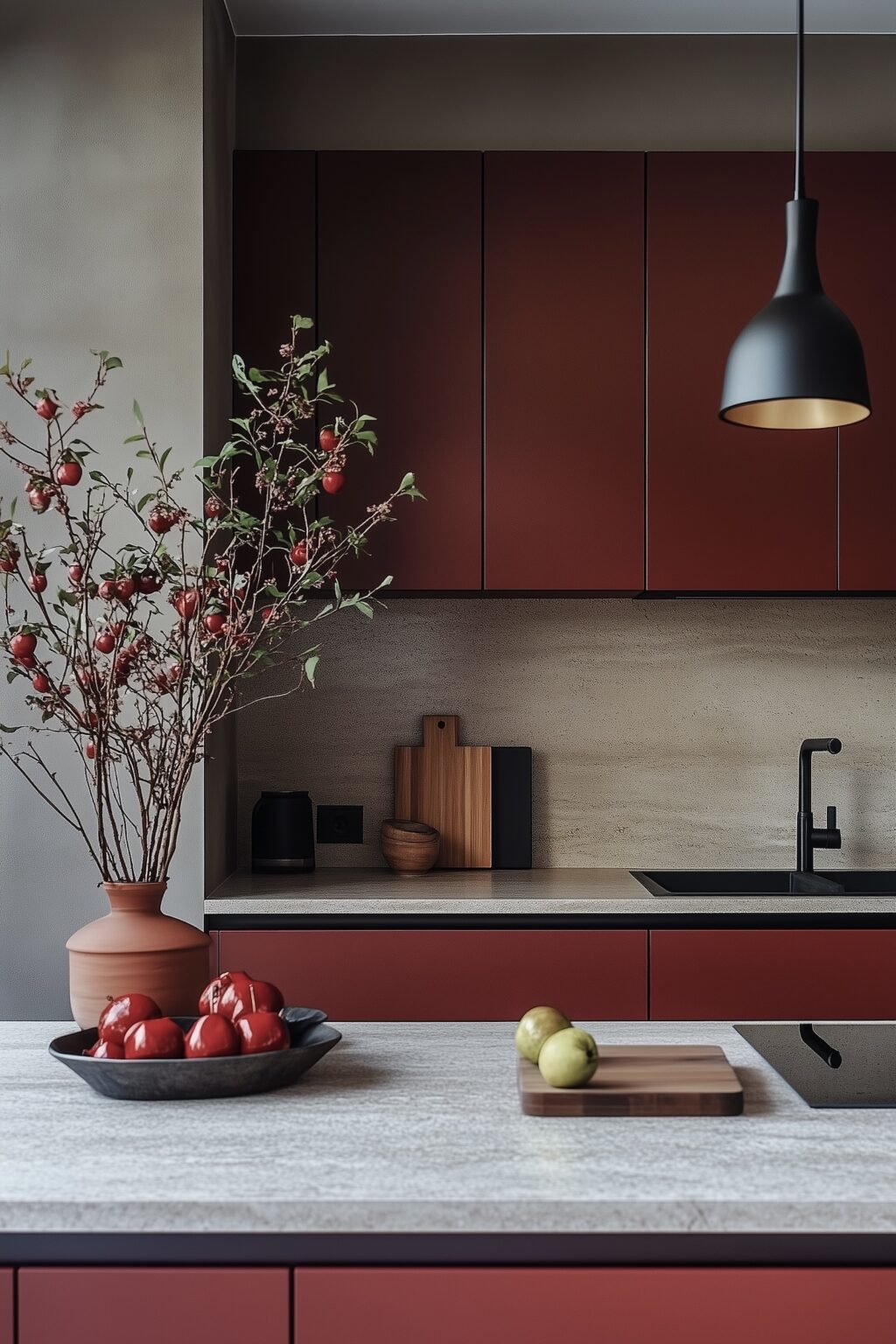 plan de travail en granit gris cuisine rouge