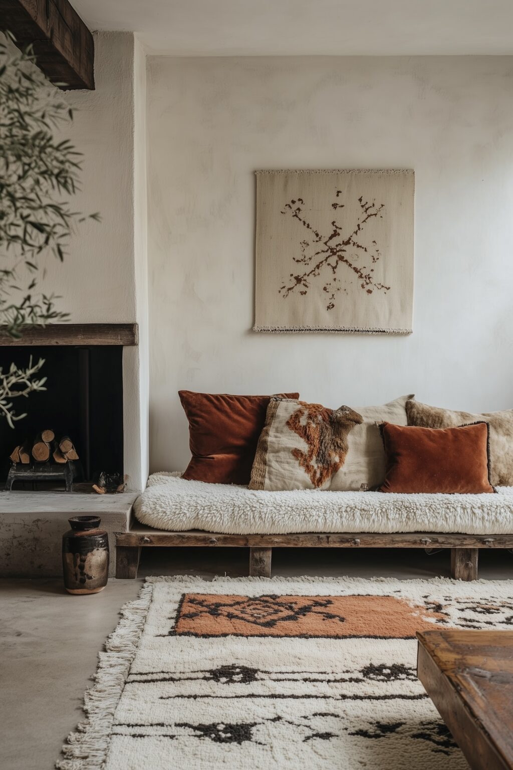 salon hiver coussin velours terracotta tapis berbère