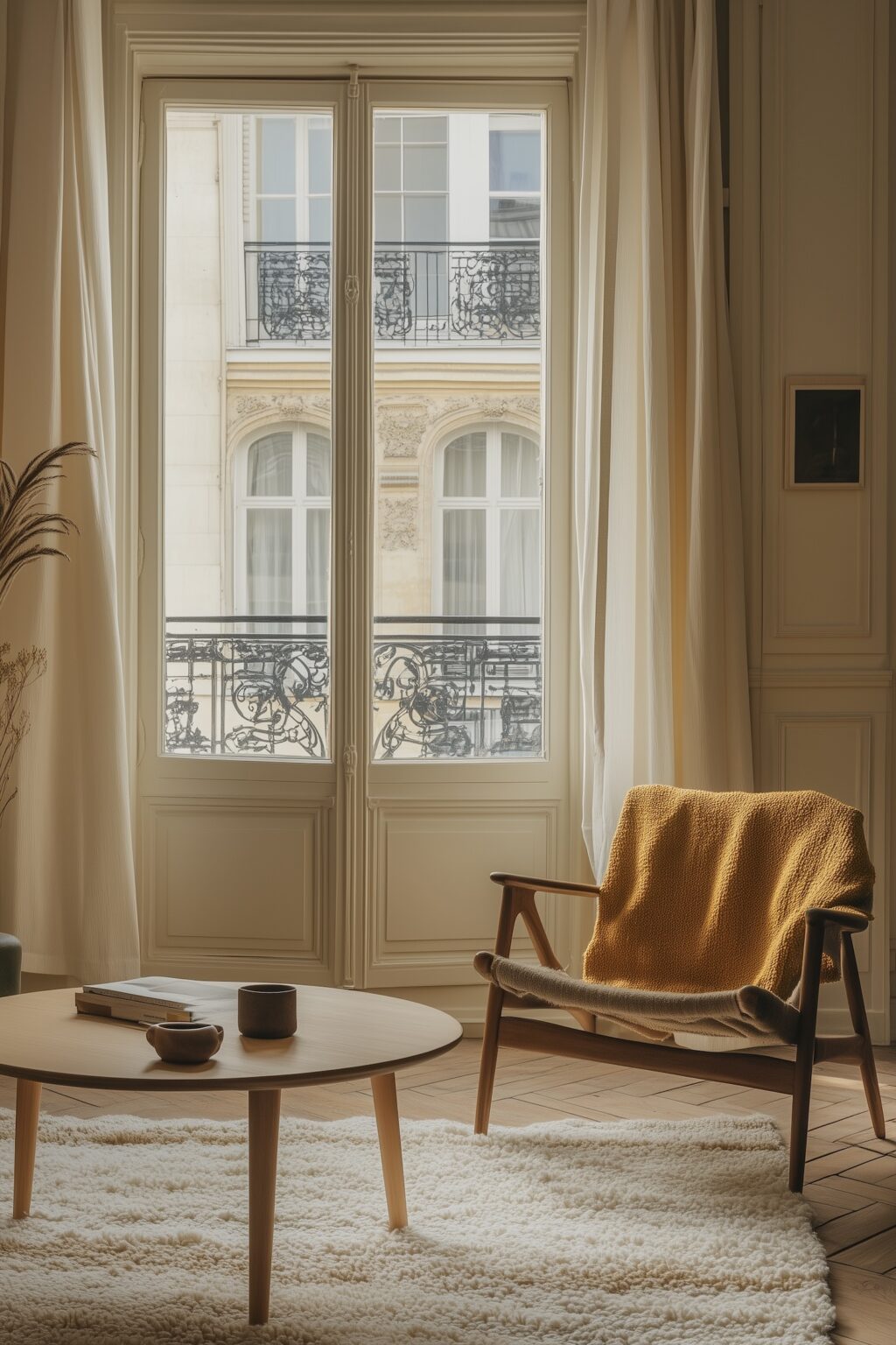 salon parisien fauteuil bois rotin plaid jaune moutarde