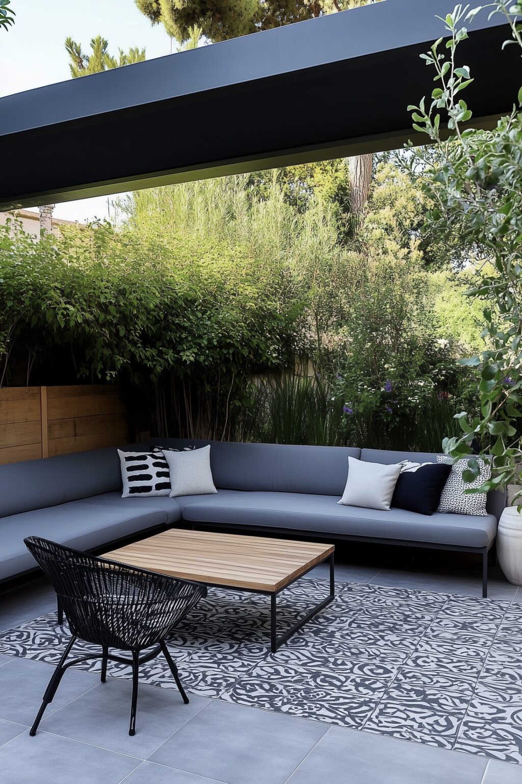 terrasse design carreaux de ciment canapé alu noir